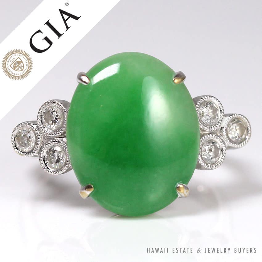 GIA CERTIFIED TRANSLUCENT GREEN JADE 0.30CTW DIAMOND 18K WHITE GOLD RING SZ 8.5