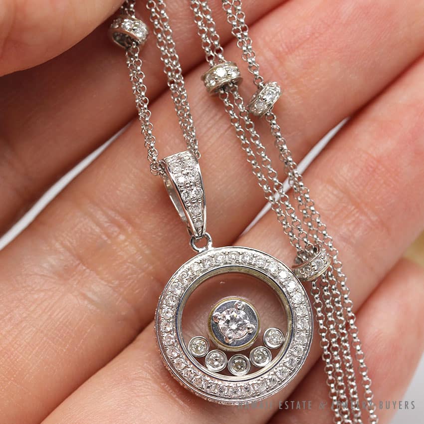 VINTAGE "FLOATING" DIAMOND 18K WHITE GOLD ROUND PENDANT CHAIN NECKLACE 19" - Image 2