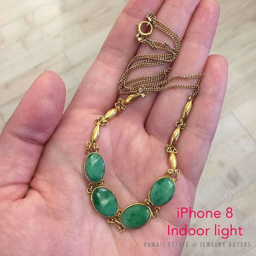 VINTAGE NATURAL APPLE GREEN JADE CABOCHON 14K 22K YELLOW GOLD NECKLACE W/ PAPER - Image 2