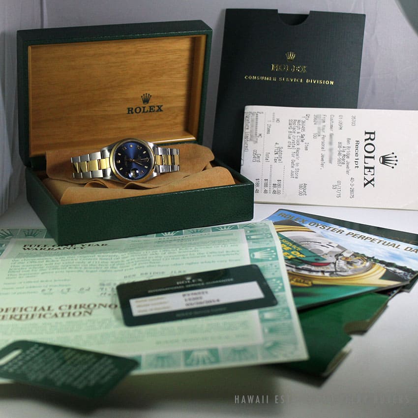 ROLEX OYSTER PERP TWO TONE BLUE FACE 18K & SS WATCH R15203 W/ FULL PAPERS & BOX