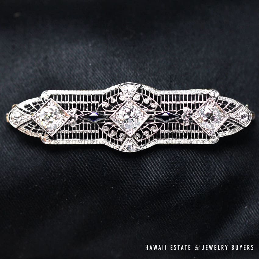 PHENOMENAL ANTIQUE 1920'S 1.95CTW J VS2 DIAMOND AND SAPPHIRE ART DECO BROOCH