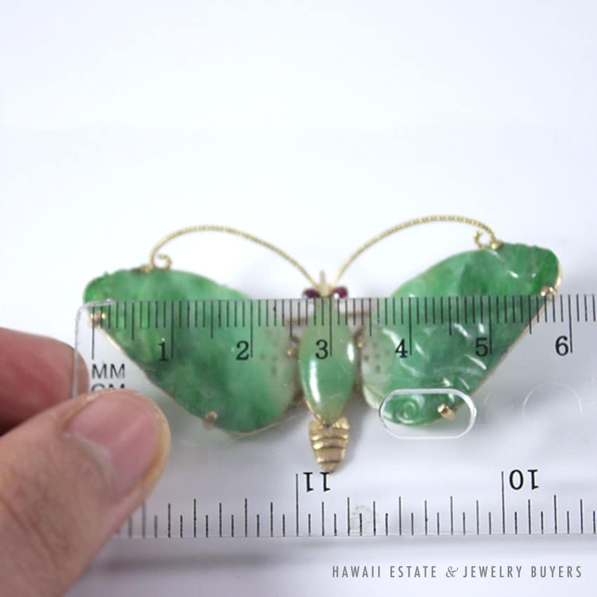 Vintage Apple-Green Jadeite Jade & Ruby Butterfly 14K Yellow Gold Brooch - Image 6