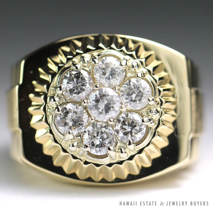 2CTW DIAMOND CLUSTER MEN'S HEAVY 14K YELLOW GOLD STATEMENT RING SIZE 10.75