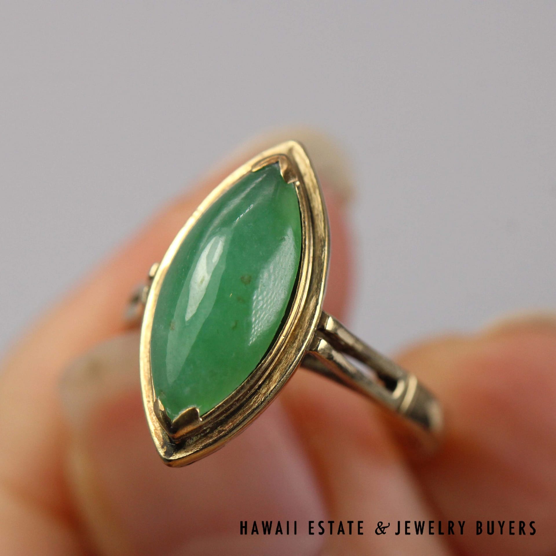 Type A Green Jade 15x8mm Marquise 14K Yellow Gold Ring Size 6