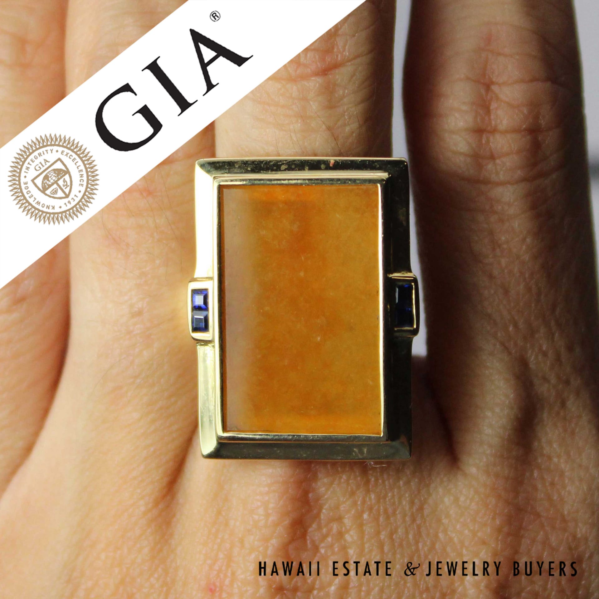 GIA Honey Jade 22*14mm with 0.20ctw Sapphire 14k Yellow Gold Ring