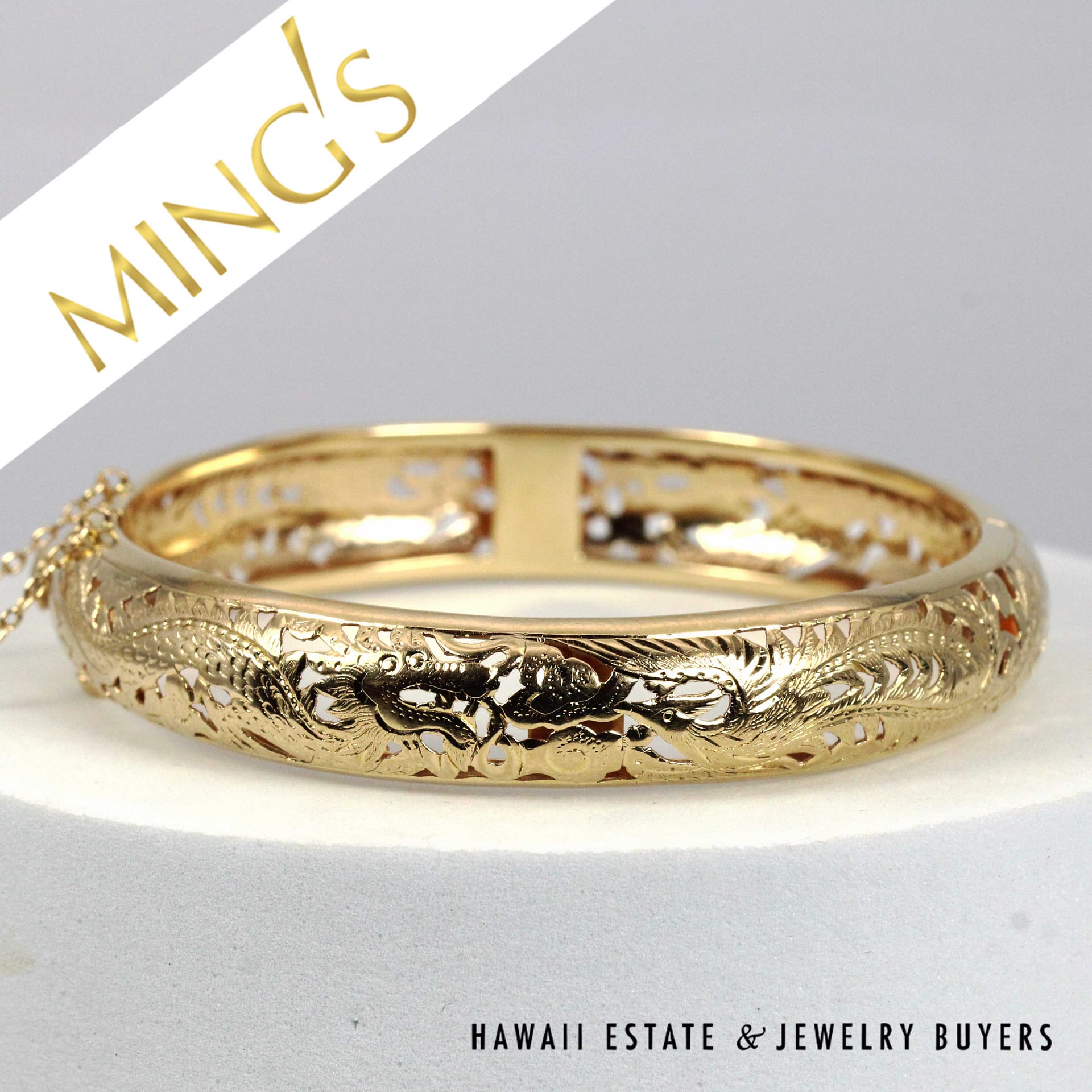 Ming's Hawaii 14K Yellow Gold Dragon and Phoenix Hinged Bangle