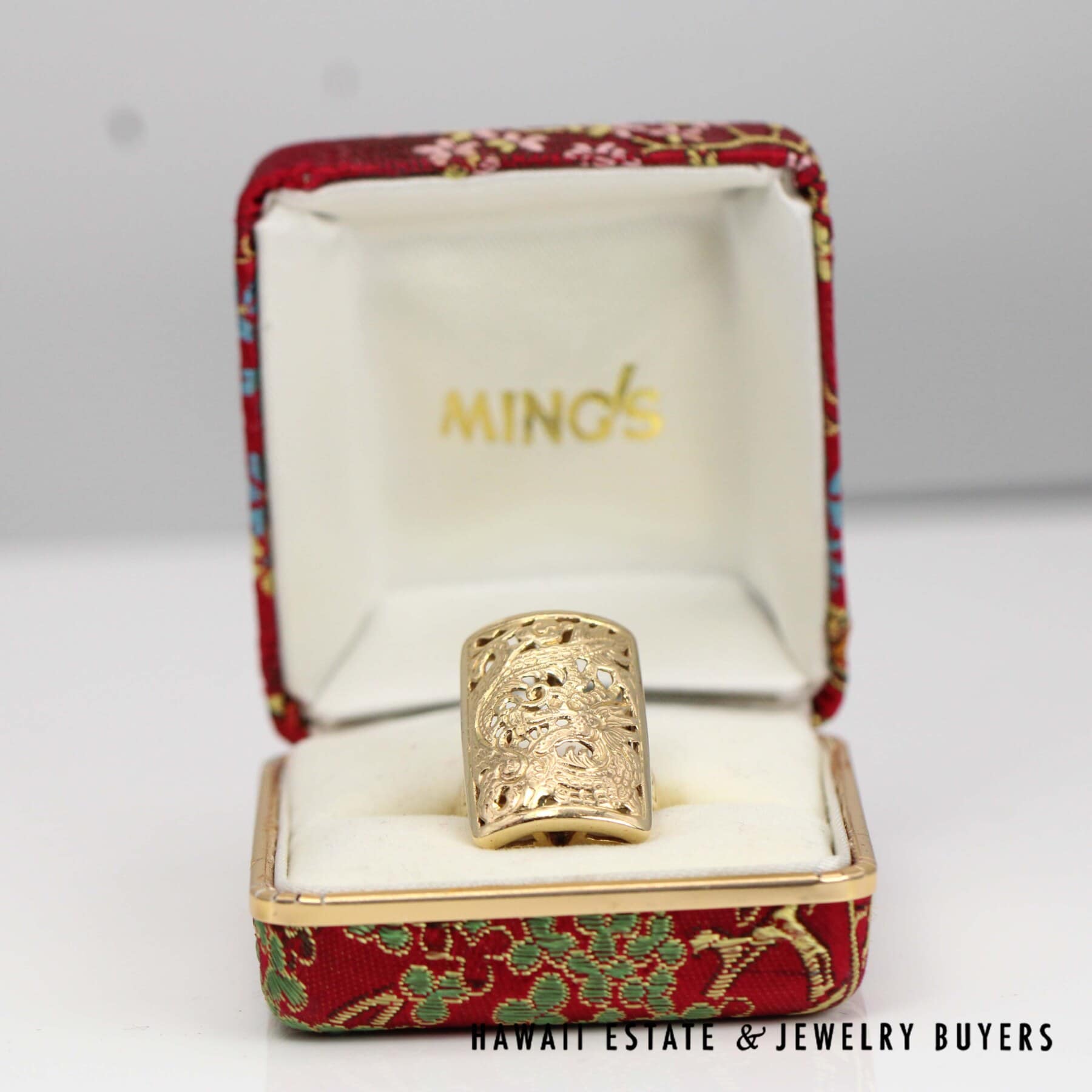 コンパクトモデル 【FFⅩⅣ,ELDEN RING,ドラクエⅩ,スト6 OK】 Ming's 7.3g 14KYG Rectangle Dragon Ring Size 6 with Box - Hawaii
