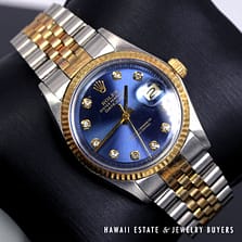 Rolex 36mm 2Tone Datejust Blue Diamond Dial Jubilee Band Watch REF 1601 Circa 1972