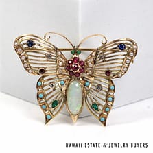Vintage Multi-gem Butterfly 14K Yellow Gold Brooch 35x50mm