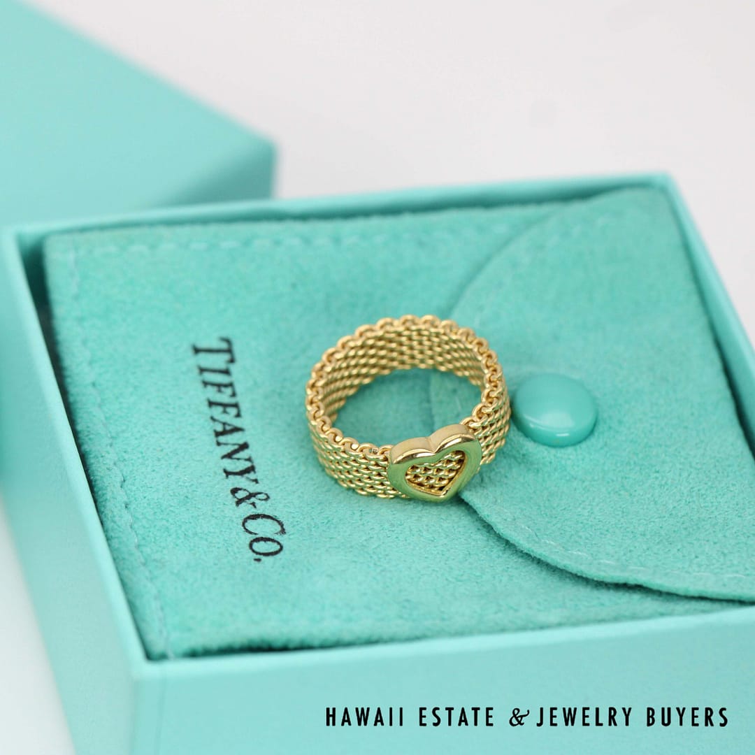 Tiffany Co 18KYG Somerset Mesh Heart Ring Size with Box