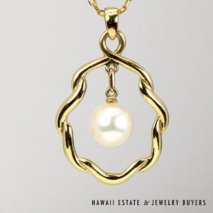 Mikimoto 7mm hanging Pearl shell Pendant 16″ Chain 3.8g 14K Yellow