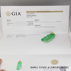 GIA Mottled Green Jade Carved 22K Yellow Gold Pendant