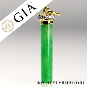 GIA Green Jade Cylinder 0.10ctw Diamond 18K Yellow Gold Pendant