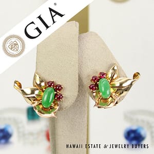 GIA Grade A Jade & Untreated Burmese Ruby 14K Yellow Gold Earrings