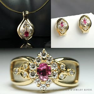 Natural Pink Ruby & .23CTW Diamond 14k Yellow Gold Necklace Earrings & Ring Set