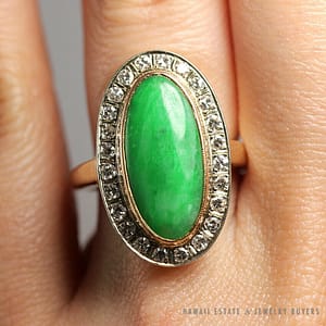 Vintage Natural Grade A Jadeite Bright Green Jade & Diamond 14K Yellow Gold Ring (SZ 7.25)