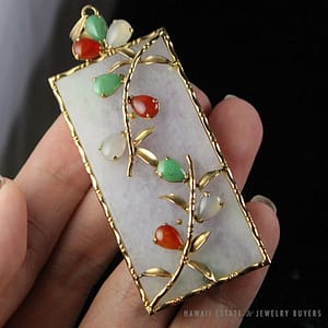 Grade A Jadeite Jade Lavender & Multi Color 14K Yellow Gold Plaque Pendant