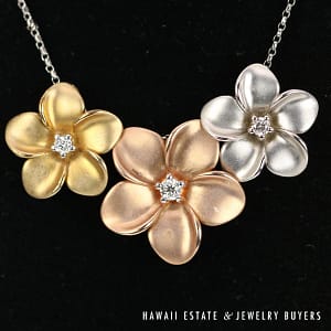 0.15CTW Diamond Plumeria Frangipani Hawaiian 3 Tone Gold Necklace 16"-18"