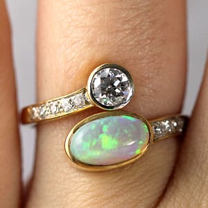 Vintage Opal & Old European Diamond 14K Bypass Ring Size 7.5