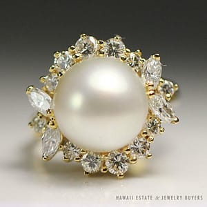 Vintage 8.95mm Pearl & 1.15CTW Round Marquise Diamond 18K Yellow Gold Ring (SZ 6)