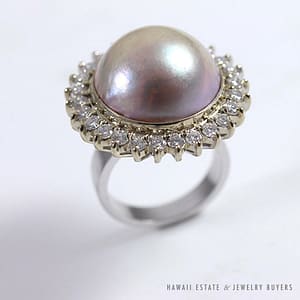 "Bronze" Mabe Pearl & Diamond Halo 14k White Gold Ring Size 7.25