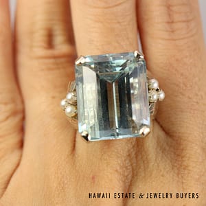 36ct Aquamarine & 2.5mm Cultured Pearl 14K White Gold Ring Size 7