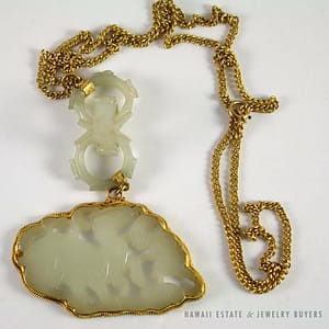 Important 19C White Mutton Fat Jade Pendant & Devil's Work 14K Gold Necklace