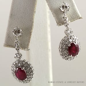Vintage Natural Ruby & Diamond Double Halo 18K White Gold Drop Earrings