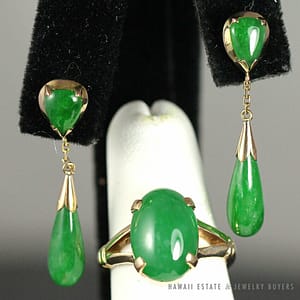 Vintage Imperial Green Jadeite Jade 14K Yellow Gold Drop Earrings & Ring (SZ 4.75) Set