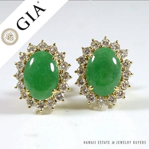 GIA Natural Jadeite Jade Mottled Green Diamond 18K Yellow Gold Post Earrings