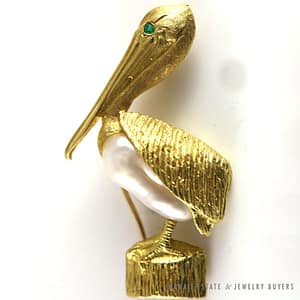 Vintage Freshwater Biwa Pearl & Natural Emerald Pelican 18K Yellow Gold Pin Pendant