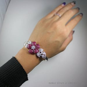 7.40CTW Natural Pink Ruby 18k White Gold Flower Bracelet