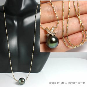 Vintage 11.6mm Tahitian Black Pearl Diamond 18K Yellow Gold Pendant & 14K Necklace Chain 18"