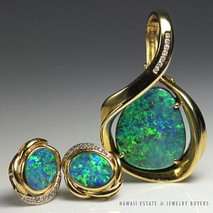 Blue Opal & Diamond 18k Yellow Gold Designer Earrings & Pendant Set w/ Appraisal