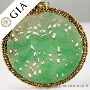 GIA Natural Green Jadeite Jade 14K Yellow Gold Large Circle Pendant