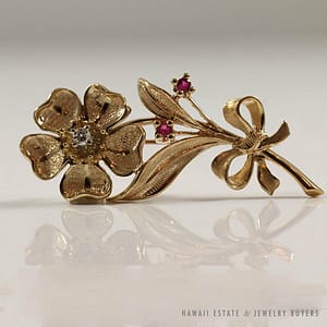 Vintage Diamond & Ruby Flower 14K Yellow Gold Brooch
