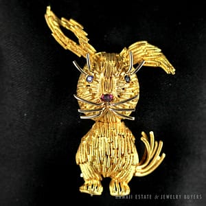 Vintage Designer Sapphire Ruby 18K Yellow Gold Wire Rabbit Brooch Pin