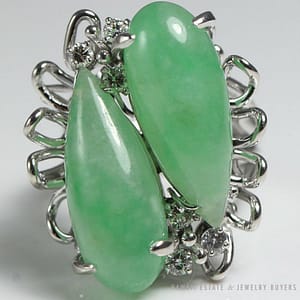 Natural Light Green Twin Pear Jade Diamond White Gold Ring (SZ 4.5) w/ Appraisal