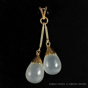 Vintage Twin Jade Ice Translucent Dangle 14K Yellow Gold Drop 4.5cm Pendant