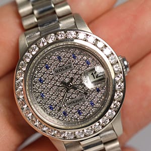 Rolex Ladies 3CTW Diamond & Sapphire Face Bezel Datejust 18K White Gold Watch