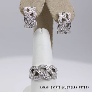 1.82ctw SI/HI Diamond Basketweave 14k White Gold Huggie Earrings and Ring Set Size 9, 19.9g