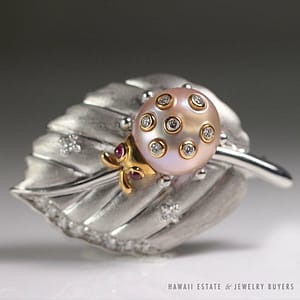 Freshwater 14.8mm Pink Cultured Pearl & Diamond Lady Bug Estate 18K Gold Brooch