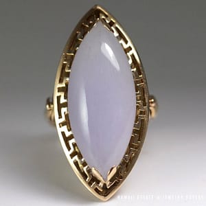 Natural 1970s Lavender Jadeite Jade Marquise Cabochon 14K Yellow Gold Ring (SZ 4)