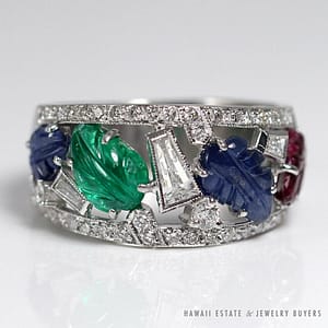 Vintage Estate Natural Diamond Sapphire Emerald Carved 18K White Gold Band Ring Size 7.75