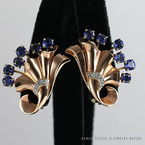Vintage Dorfman Blue Sapphire Diamond 14K Rose Gold Clip Earrings w/ Appraisal