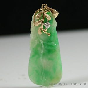 GIA Natural Jadeite Jade Mottled Green Diamond 14K Yellow Gold Pendant