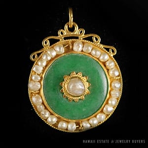 Vintage Natural Pearl & Jadeite Jade 22K Yellow Gold Pendant