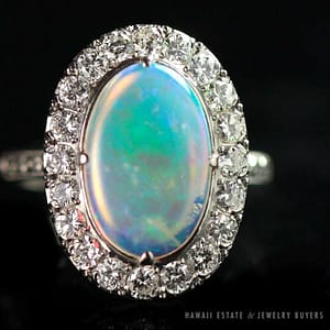 Vintage Jelly Opal Cabochon & 2CTW Diamond Platinum Ring (SZ 6)