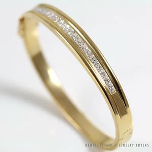 2CTW Princess Cut Diamond Heavy 36.9g 18k Yellow Gold Hinged Bangle Bracelet