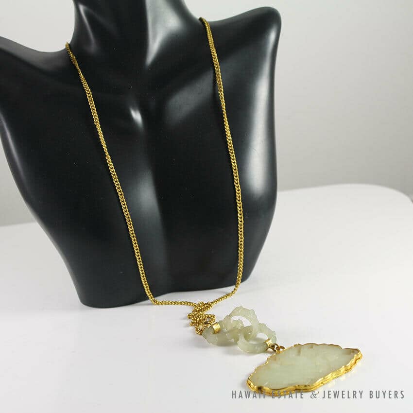 Important 19C White Mutton Fat Jade Pendant & Devil's Work 14K